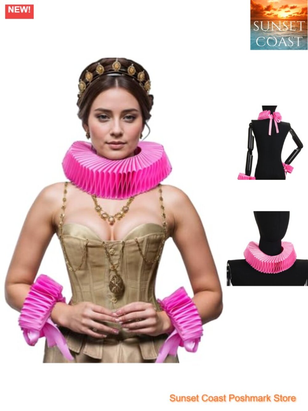 Victorian Renaissance Ruff Collar Wrist Ruffs Set Cosplay Costume